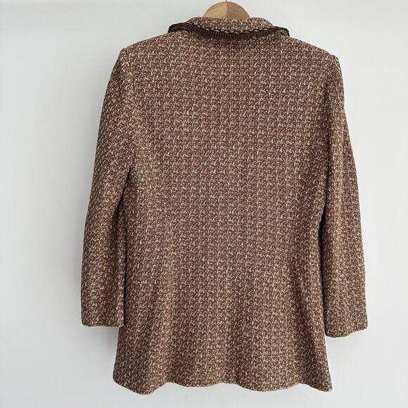 St John Tweed Blazer Jacket 12 Brown Textured Knit Gold Button Fringe Jacket - Picture 4 of 11